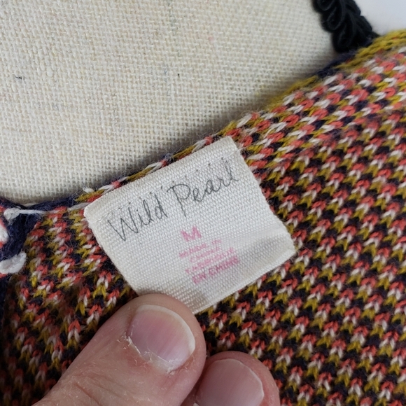 Wild Pearl Aztec Design Open Front Cardigan Lagen Look Blue & Orange Knit Sz M. - Picture 16 of 16